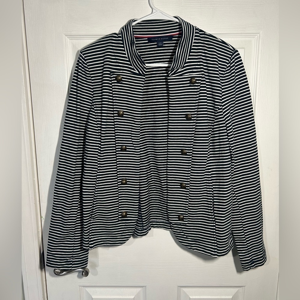 Tommy Hilfiger Striped Puff Sleeve Open Blazer Jacket Navy Large Gold Button - Picture 2 of 16